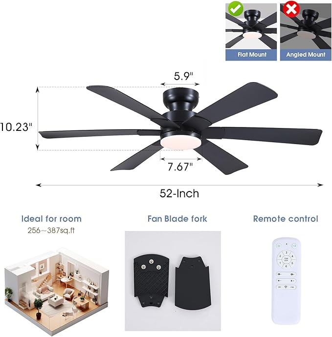 Asyko 52" Black Low Profile Ceiling Fans with Lights and Remote, Modern Indoor Ceiling Fan Light with Quiet Reversible DC Motor, Flush Mount Ceiling Fans with Dimmable LED for Bedroom Kitchen