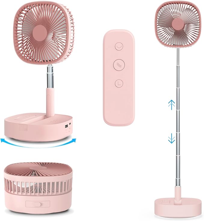 Magesh Portable Oscillating Pedestal Fan＆Remote, 120° Rotation, 3-In-1 Foldaway/Standing/Desk Fan, Anti-Slip 7200Mah Rechargeable, Telescopic 4 Speed Quiet Timer Fan Home Outdoor Travel (Pink)