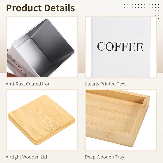 Homaisson Tea sugar container set - Coffee Tea Sugar Canister and Tray Set, Metal Container with Airtight Wooden Lid, Kitchen Counter Storage Organizer Set, Includes 3 Plastic Scoops