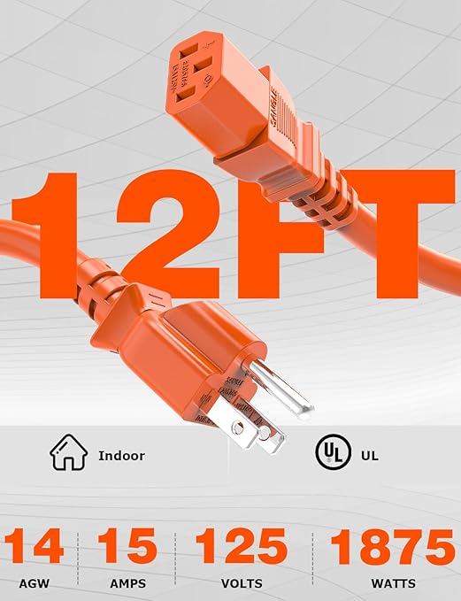 Power Station Charging Cable 12FT, 14AWG Fast Charging Cable Compatible with Jackery Power Station Explorer 1000/1500/2000/3000, Bluetti EB3A, Anker 757/767,125Volt 15A Universal AC Power Cord