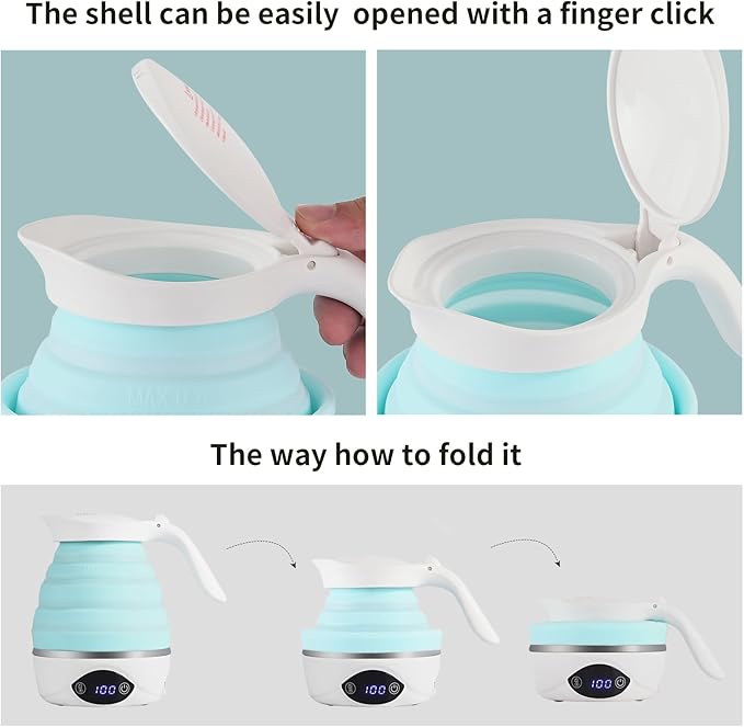 AUCOO Collapsible Travel Kettle Electric Portable Foldable Kettle for Boiling Water, Suitable for 110V & 220V Dual Voltage, for Tea & Coffee, 850W Small Mini BPA-free Silicone Blue electric kettle