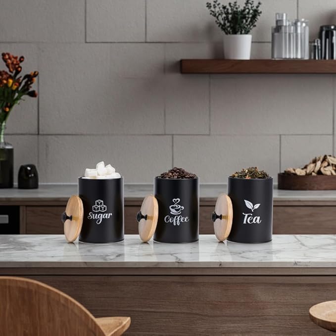 3 Pack Kitchen Canisters with Bamboo Lids, Metal Canister Set for the Kitchen Counter, Airtight Coffee Container Tea Organizer & Sugar Canister, Rustic Kitchen Decor Containers-Black