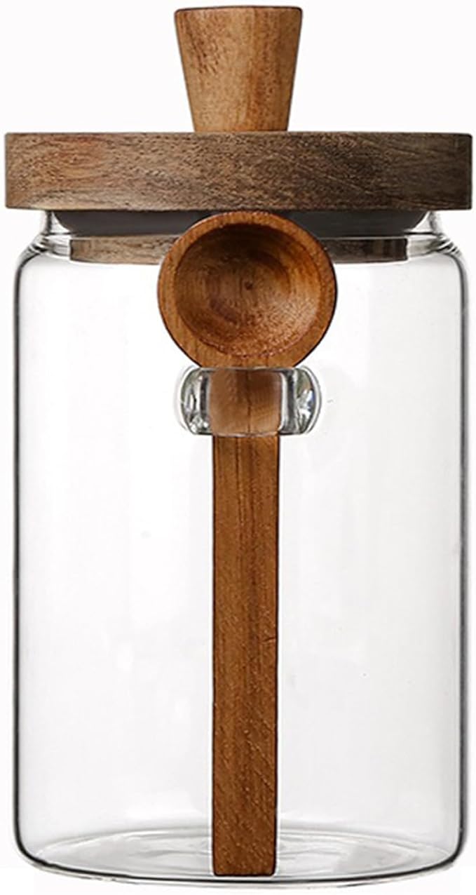 Coriario 24 OZ Glass Jar with Airtight Lid Spoon Clear Glass Storage Jars Wooden Lids Wide Mouth Glass Coffee Canister for Food Kitchen Candy Sugar Cookie Tea Decorative