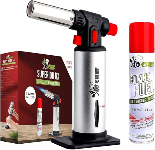 Jo Chef Kitchen Torch with Butane Included – Refillable Lighter with Safety Lock & Adjustable Flame, Blow Culinary Torch for Cooking, BBQ, Creme Brulee, DIY and Soldering - 1 Can (3.38oz) Included