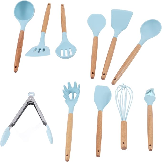 12PCS Kitchen Utensil Set, Non Stick Cooking Utensils with Wooden Handle, Silicone Kitchenware for Cooking Baking and Frying, Includes 12 Essential Tools for Home Restaurant and Pa