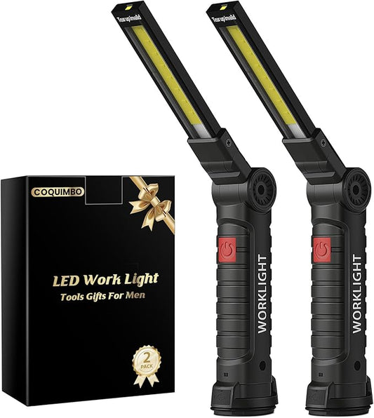 Coquimbo Tool Fathers Day Dad Gifts for Men Him Husband, Rechargeable LED Work Light BBQ Grill with Magnetic Base Hook, 360° Rotate Mechanic Flashlight Mens Easter Birthday Gifts (2 Pack Black)