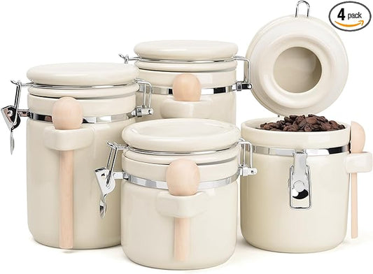 4-Piece Airtight Ceramic Canisters Set with Wooden Spoons & Chalk Labels – Perfect for Coffee, Sugar, Flour, Tea (Cream) – Stylish & Leakproof Kitchen Storage