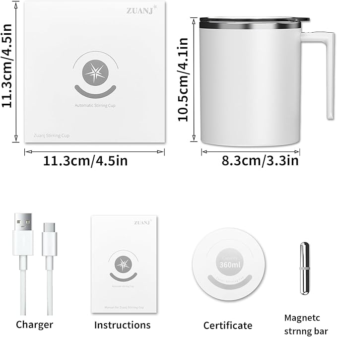 Self Stirring Mug, 12.2 oz Self Stirring Coffee Mug with Magnetic Stirrer & Anti-Sedimentation, Rechargeable Auto Magnetic Coffee Mug for Coffee, Milk, Hot Cocoa (White)