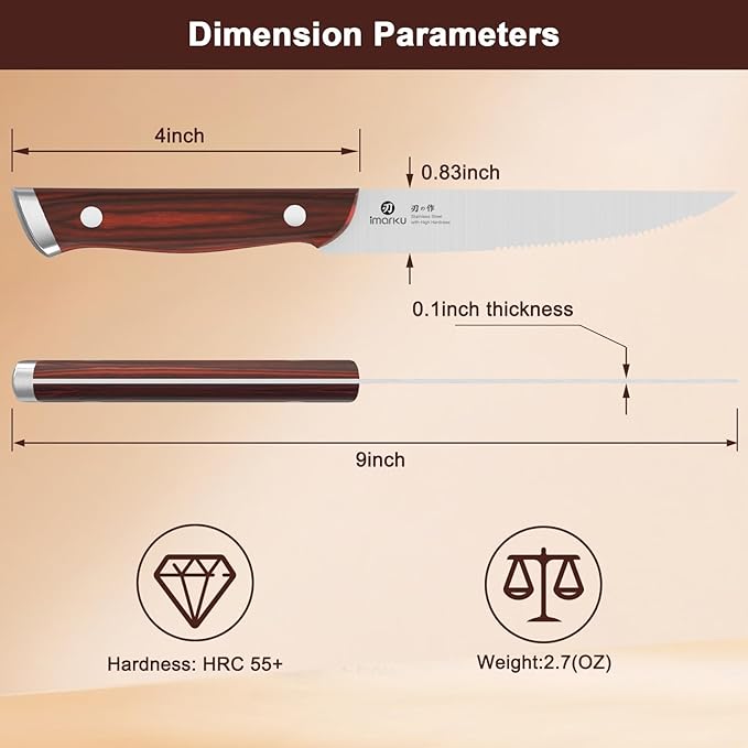 imarku Steak Knives Set of 6, 9-Inch Serrated Steak Knife Set, Japanese High Carbon Stainless Steel, Razor-Sharp Blades with Gift Box