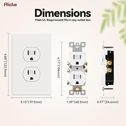 AIDA 1 Pack Matte White Standard Duplex Electrical Wall Receptacle Outlet, 15A 125V, 2 Pole 3 Wire, Tamper Resistant, NEMA 5-15R, Self-Grounding, Wall Plate Included, UL Listed