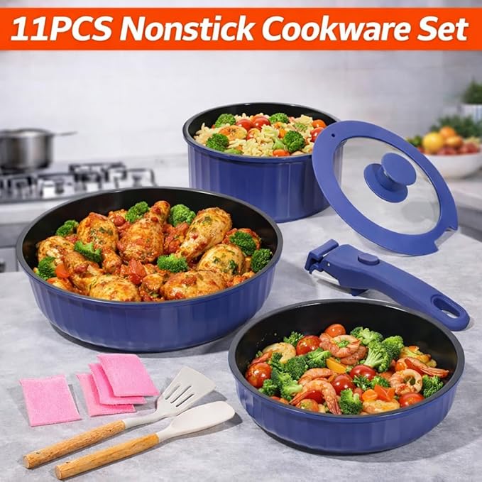 Vivicreate 11 Piece Pots and Pans Set Nonstick with Removable Handle, Induction Cookware, Stackable Kitchen Set for RV Camping Apartment, Frying Pan and Saucepan (Blue)