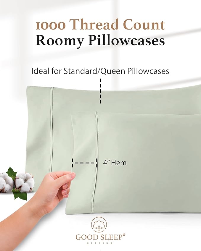 1000 TC Sage Standard Pillowcases Set of 4 100% Egyptian Cotton Pillow Cases with Long Staple Cotton & Sateen Weave, Silky Soft Hotel - Like Bed Pillow Covers for Comfy Sleeping, Snug Fit