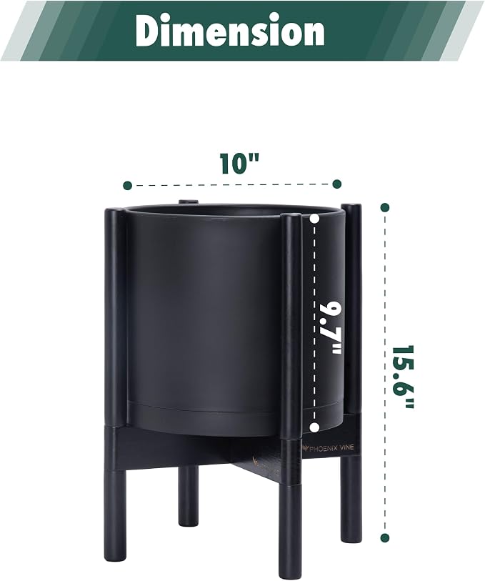 D'vine Dev Plastic Pot with Ebony Wood Stand, Black, 10 in, 55-C-N-2 | Mid-Century Inspired Design, Elevated Plant Display, Clean Lines, Sturdy Support, Modern Space-Saving Style