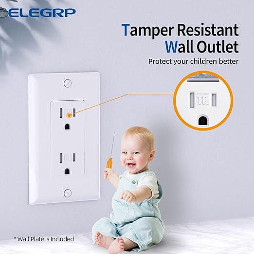 ELEGRP Decorator Wall Receptacle Outlet, Tamper Resistant 15 Amp Standard Electrical Wall Outlet, Residential Grade, Self-grounding, 125V, Wall Plate Included, UL Listed, Glossy White, 10 Pack