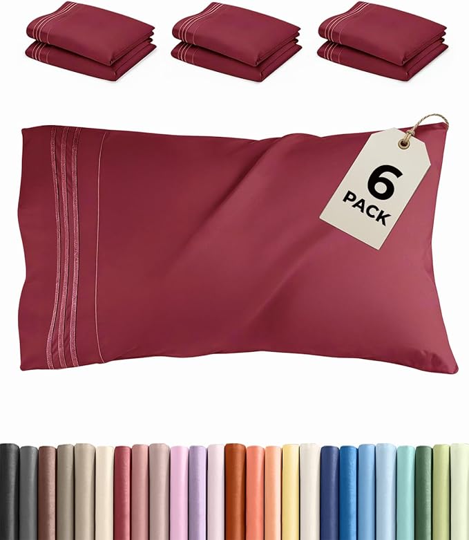 Queen Pillow Cases Set of 6 - Ultra Soft Hotel Quality Pillowcase Covers - Comfy, Cozy & Wrinkle Free - Shrink, Stain and Fade Resistant - Machine Washable Pillow Protectors - 6 Piece Set - Burgundy