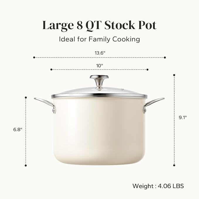 Redchef Ceramic Stock Pot with Lid, 8 Qt Soup Pot Nonstick for Family Cooking, Pasta Pot Large Induction Cooking Pot, Stay-Cool Handles, Even Heating, Oven/Dishwasher Safe, PFOA Free, Beige