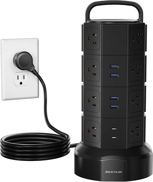Power Strip Tower Surge Protector, JACKYLED 16 Outlets 6 USB (2 USB C) Charging Station, Extension Cord with Multiple Outlets, 1050J 1625W/13A Outlet Extender 6.5ft Extension Cord for Home Office