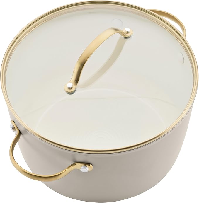 Farberware Forged Induction Ceramic Nonstick Pots and Pans Set with Cooking Tools, Dishwasher Safe, Gold Color Stainless Steel Handles, 12 Piece Cookware Set - Taupe