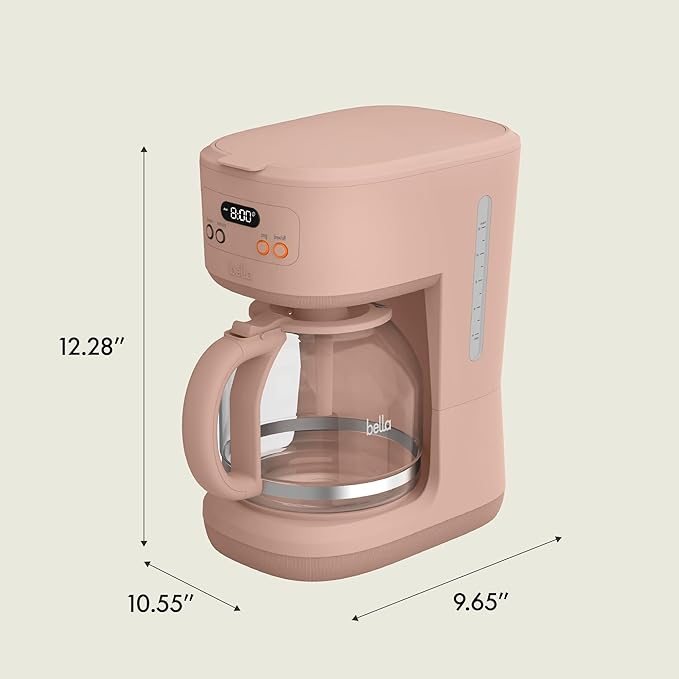 bella 12 Cup Programmable Coffee Marker, Reusable Dishwasher Safe Accessories, Easy LCD diaply, Auto Shutoff, 900 watt, Blossom