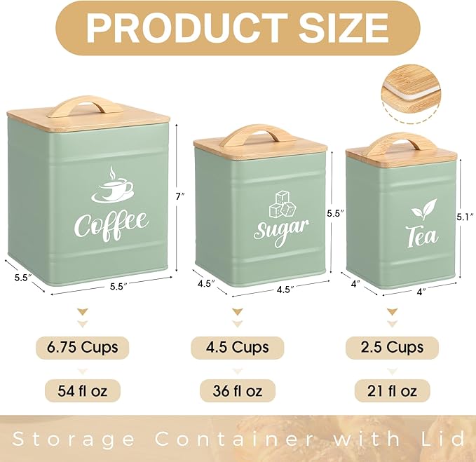 Maxdot 3 Set Coffee Sugar Tea Containers, Square Airtight Kitchen Canisters Storage Ground Organization with Bamboo Lids Rustic Metal Jars for Coffee Bar Beans, Tea Leaves, Food, Countertop(Turquoise)