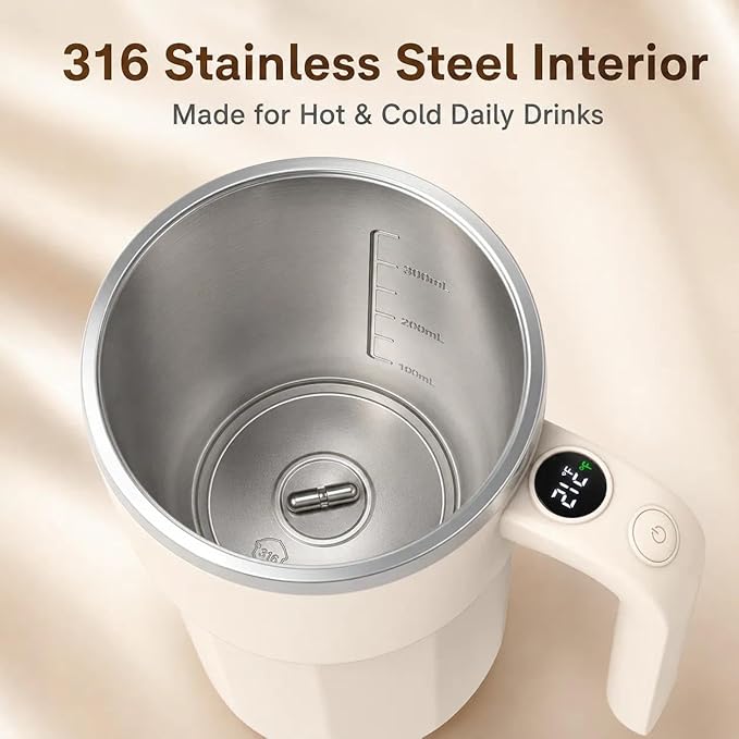 Self Stirring Coffee Mug, 12oz Rechargeable Magnetic Mixing Cup with Temperature Display, 316 Stainless Steel Electric Stirring Cup with Lid & Handle for Coffee, Cocoa, Matcha, Creamer, Mushroom Coffe