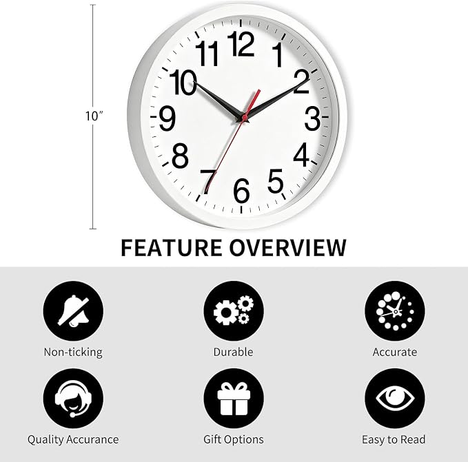 Rohioue Wall Clock Modern 10 Inch Battery Operated Silent Non Ticking Analog Clock Decorative for Bedroom Kitchen Bathroom Office Home (White)