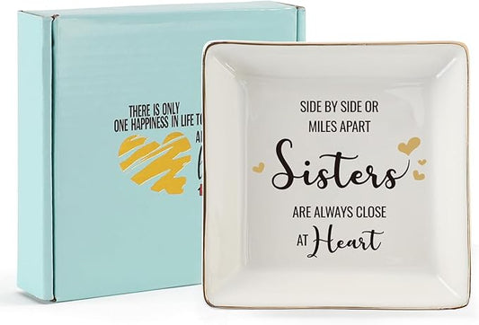 HOME SMILE Sister Gifts From Sister Ring Dish Tray, Valntine's Day Galentines' Gifts For Sister-Sister Will Always Be Connected By Heart Jewelry Dish Birthday Wedding Gifts For Sister