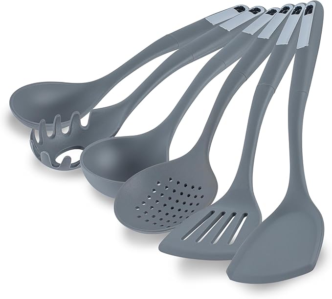 Restaurantware Silicone Utensil Set Pack of 1 Non-Slip Handle 6-Piece Kitchen Tool Set, Heat-Resistant Dishwasher-Friendly Cooking Accessories, Durable Gray Cooking Utensils