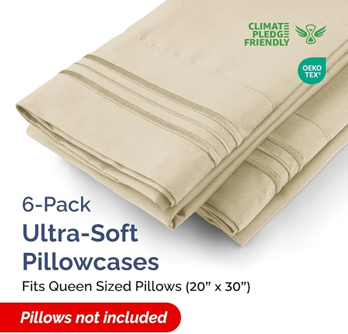 Queen Pillow Cases Set of 6 - Ultra Soft Hotel Quality Pillowcase Covers - Comfy & Wrinkle Free - Shrink, Stain and Fade Resistant - Easy-Care, Machine Washable Pillow Protectors - 6 Pcs Set - Cream