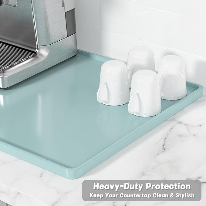 Rnivvi Silicone Coffee Mat, 12" x 19" Waterproof Raised Edge Coffee Bar Mats for Espresso Machine Station Accessories, Heat Resistant Dish Drying Pad for Kitchen Counter, Bar Decor Pad, Shadow Green