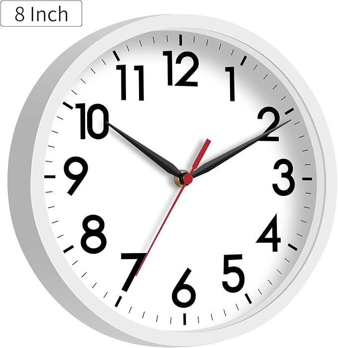 AKCISOT 8 Inch Wall Clock, Battery Operated Analog Clock, Silent Non-Ticking, Ideal for Bedroom, Bathroom, Kitchen, Office and School, White