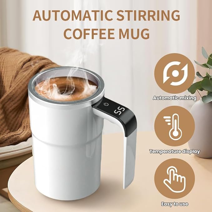 Rechargeable Automatic Magnetic Stirring Mug with Temperature Display, Self Stirring Coffee Cup for Home Office Travel, White with Detachable Stir Bar (White)