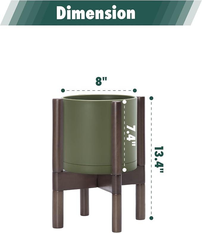 D'vine Dev Plastic Pot with Walnut Wood Stand, Olive, 8 in, 55-C-I-3 | Mid-Century Inspired Design, Elevated Plant Display, Clean Lines, Sturdy Support, Modern Space-Saving Style