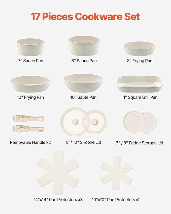 VEVOR 17 Piece Pots and Pans Set Nonstick, Detachable Handle Cookware, Space Saving Induction cookware set, Kitchen RV Cooking Sets, with Frying, Sauce, Saute, Tempered Glass Lids, Oven Safe, White
