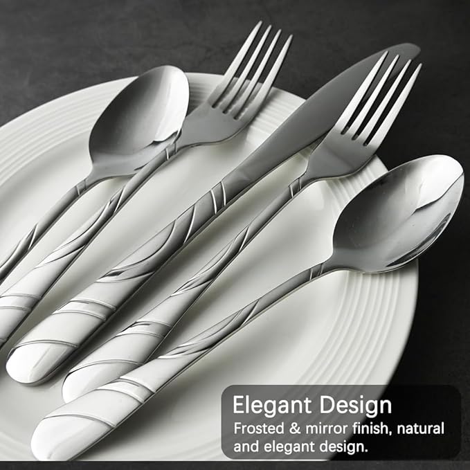 60-Piece Silverware Set for 12, 18/0 Frosted & Mirror Finish Stainless Steel Vintage Flatware Set, Modern Cutlery Set for Home Wedding Restaurant Housewarming Party Event Serving For 12