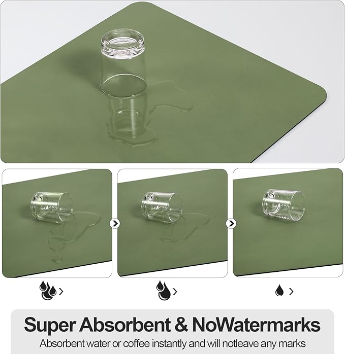 Ecotrim Absorbent Coffee Mat , Stain Hiding PU Leather Surface, Non-Slip Natural Rubber Backing, Quick Dry Mat for Espresso Machine, Kitchen Counter ,Green | 16" x 24"