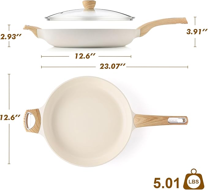 SENSARTE 12.5inch Ceramic Nonstick Frying Pan Skillet with Lid, White | Non Stick Omelet Pans, Non-toxic Healthy Kitchen Cooking Chefs Pan, PFOA/PFAS/PTFE Free, Induction Compatible