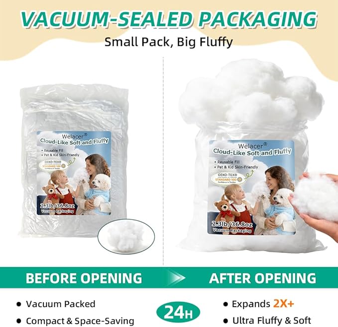 Welacer Polyfill Stuffing, Fluffy Pillow Stuffing for Stuffed Animals, DIY Plush Toys, Cushions, Cloud Decorations, Premium Original White Polyester Filling for Crochet Crafts,30lb/480oz