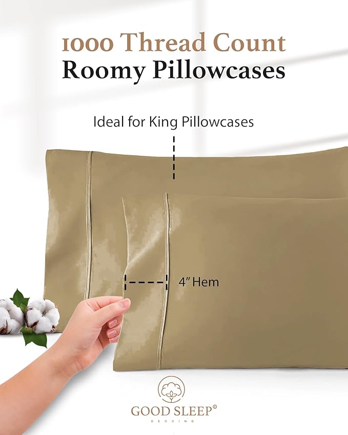 1000 TC Taupe King Pillowcases Set of 2 100% Egyptian Cotton Pillow Cases with Long Staple Cotton & Sateen Weave, Silky Soft Hotel - Like Bed Pillow Covers for Comfy Sleeping, Snug Fit