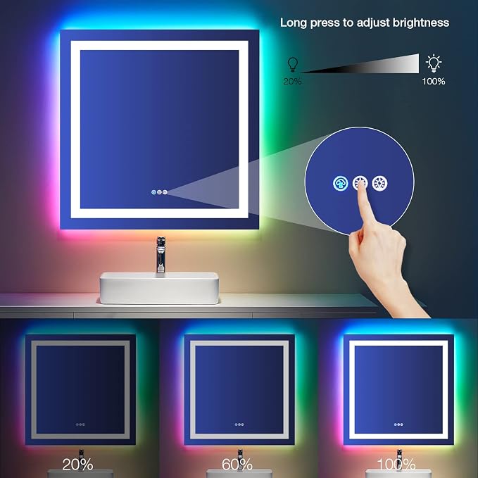 LOAAO 24"X30" RGB LED Bathroom Mirror with Lights, Anti-Fog, Dimmable, Lighted Bathroom Vanity Mirror, Multiple Light Modes, RGB Backlit + Front Light, Memory Function, Tempered Glass, ETL Listed