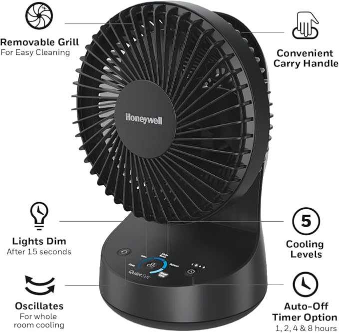 Honeywell QuietSet 5 Oscillating Table Fan, Black – Personal and Small Room Fan with Quiet Operation and 5 Levels of Power and Sound