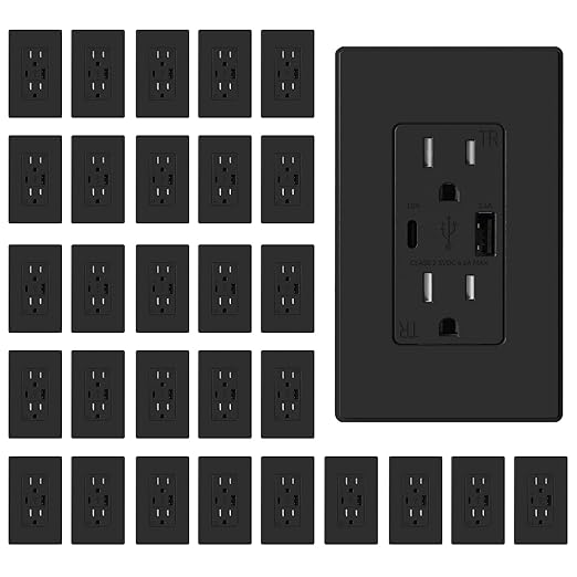 ELEGRP USB Charger Wall Outlet - USB A & C Ports, 15 Amp, Duplex, Tamper Resistant, NEMA 5-15R, Wall Plate Included, UL Listed, 30 Pack, Matte Black