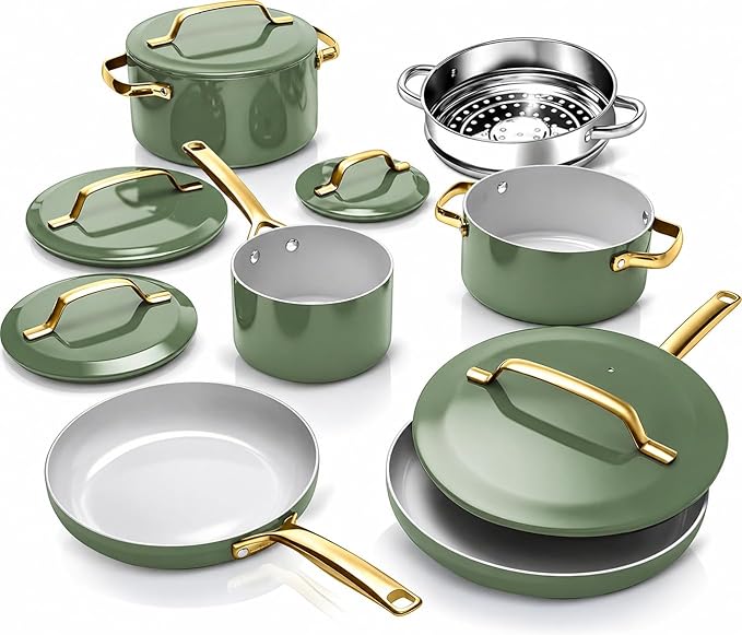 Gotham Steel Modern 11 Pc Ceramic Cookware Set, Elegantly Designed Pots and Pans Set Non Stick with Steamer, Induction Bottom, Premium Stay Cool Handles, Non Toxic PFOA Free, Oven & Dishwasher Safe