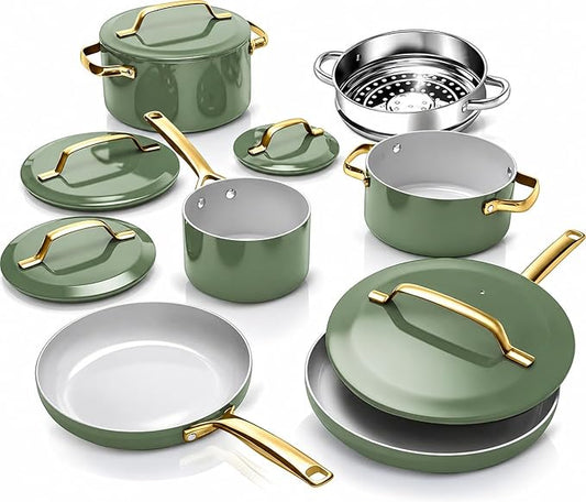 Gotham Steel Modern 11 Pc Ceramic Cookware Set, Elegantly Designed Pots and Pans Set Non Stick with Steamer, Induction Bottom, Premium Stay Cool Handles, Non Toxic PFOA Free, Oven & Dishwasher Safe