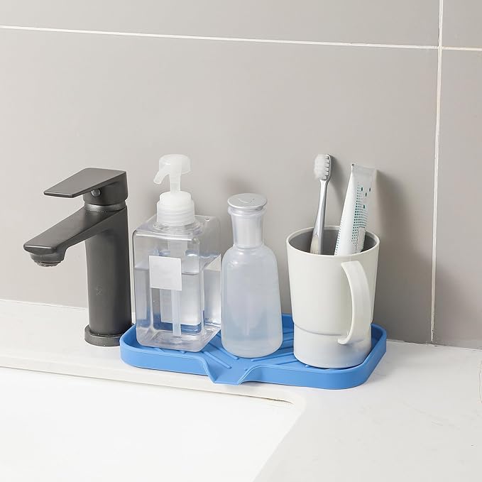 MicoYang Silicone Soap Dish with Drain Spout — Self-Draining Sink Organizer Tray for Bathroom & Kitchen, Sponges, Dispensers & Soap Holder, Non-Slip & Dishwasher Safe, Lichen Blue (Medium, 9.6"×5.3")