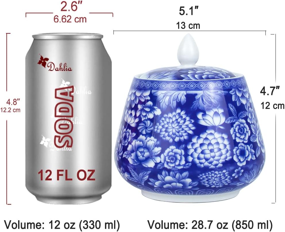 Dahlia Blue and White Porcelain Tea Canister for Loose Tea, Airtight Jingdezhen Tea Caddy, Peony 850 ML