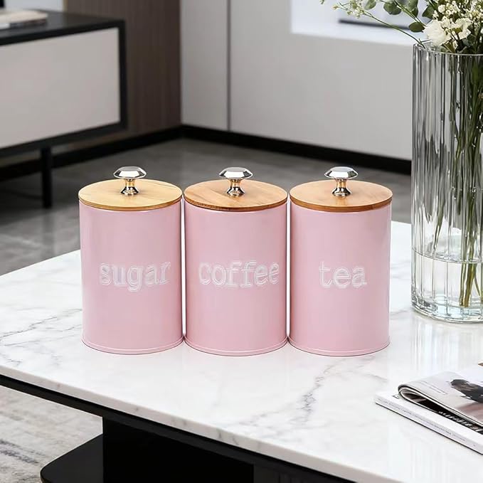X022S Set of 3 Metal Food Storage Tin Canister/Jar with Bamboo Lid (matte pink)