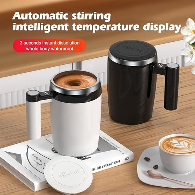 Automatic Self Stirring Mug with Lid, Magnetic Coffee Stirrer for Milk, Stainless Steel Self Mixing Coffee Cup (Black)