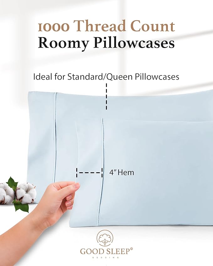 1000 TC Light Blue Standard Pillowcases Set of 4 100% Egyptian Cotton Pillow Cases with Long Staple Cotton & Sateen Weave, Silky Soft Hotel - Like Bed Pillow Covers for Comfy Sleeping, Snug Fit