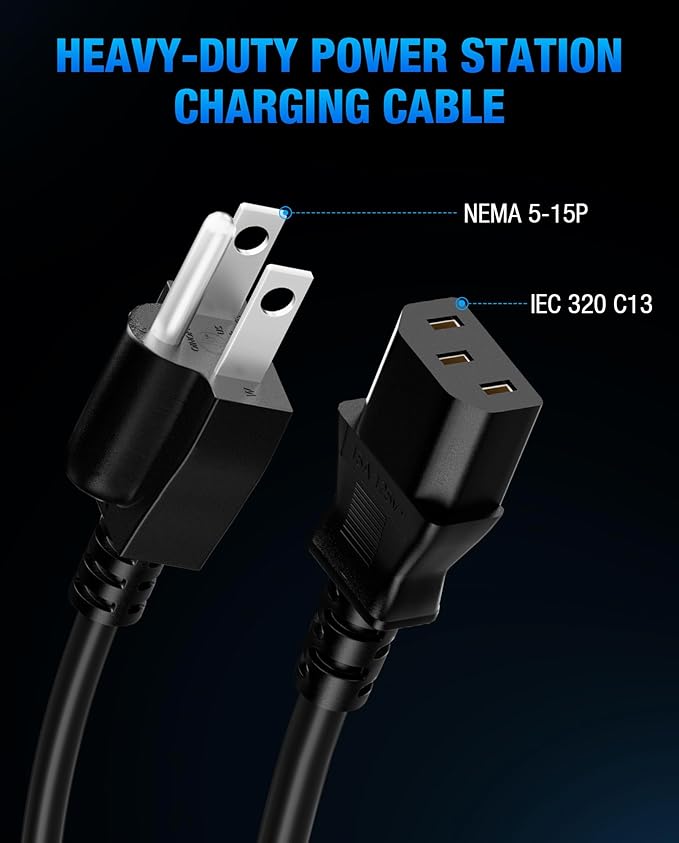 Heavy-Duty Power Station Charging Cable, 14AWG Fast Charger Cable for Jackery Explorer 2000/1500/1000 Pro,Ecoflow Delta/River Series,Bluetti EB3A;Anker 757/767, 125V 15A Universal AC Power Cord(10FT)